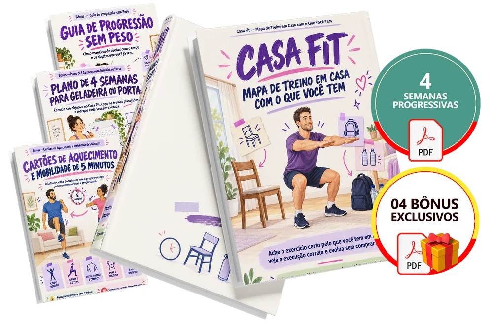 Plano completo do Casa Fit — Mapa de Treino em Casa com o Que Você Tem — material principal e os 3 bônus